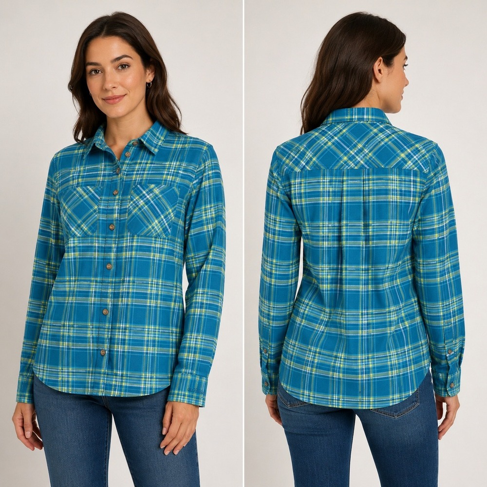 Cabelas Womens Small Teal Yellow Plaid Flannel Button Down Shirt
